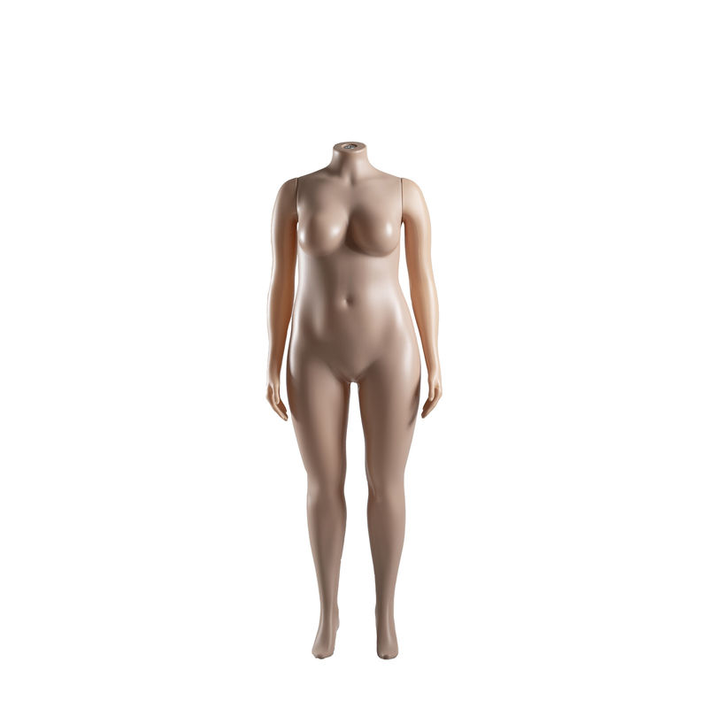 Mulher sem cabeça, gorda, corpo inteiro, manequim, cor da pele com curvas naturais.