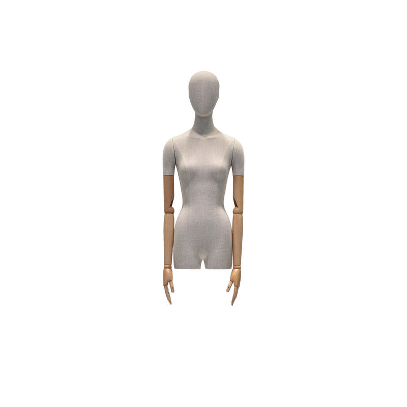 Manequim feminino de meio corpo de tecido de juta de bambu para apresentação de ternos e uniformes